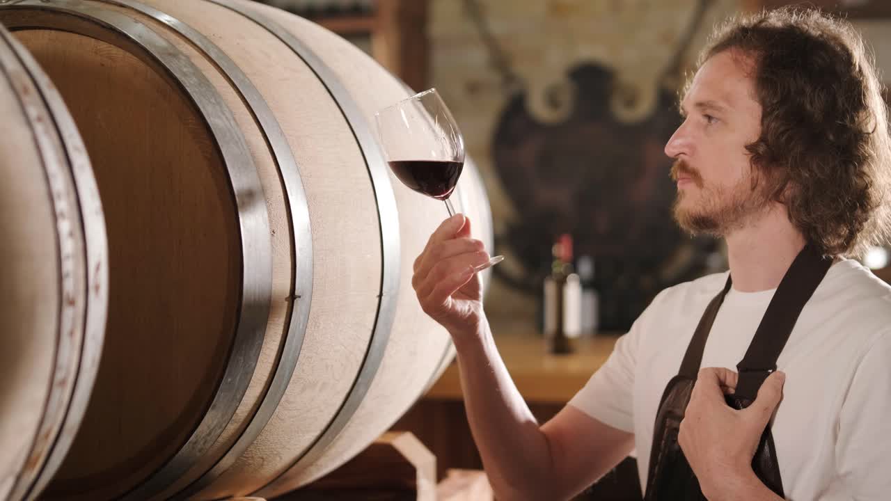 la toma auténtica de un sommelier masculino exitoso es degustar un sabor y comprobar la calidad del vino blanco vertido en vidrio transparente en una bodega de vino.