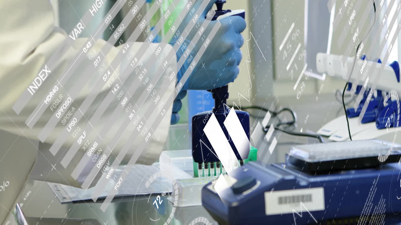 Animation of scientific data processing over male scientist in laboratory