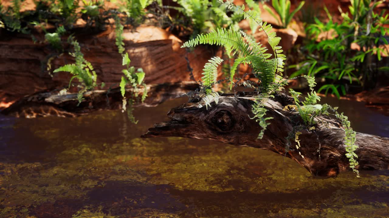 un étang doré tropical avec des roches et des plantes vertes