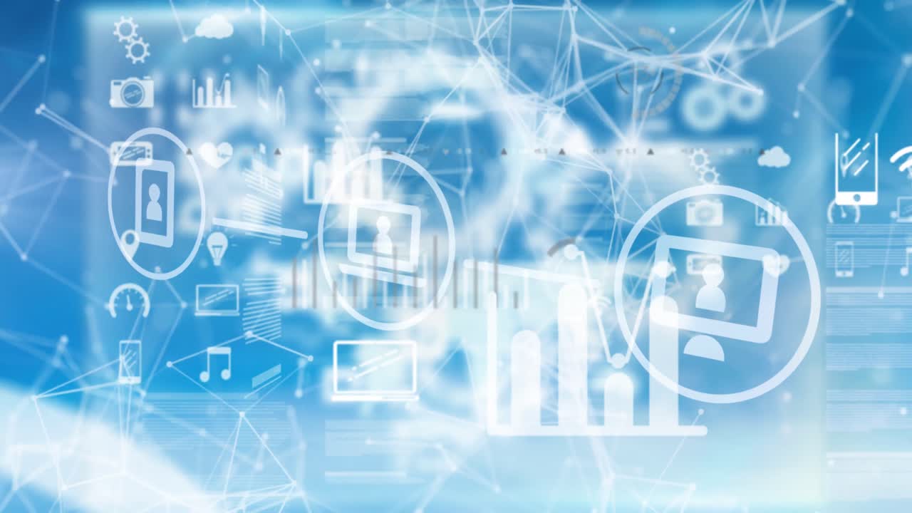 빛나는 파란색 배경에 디지털 아이콘과 연결 네트워크의 애니메이션