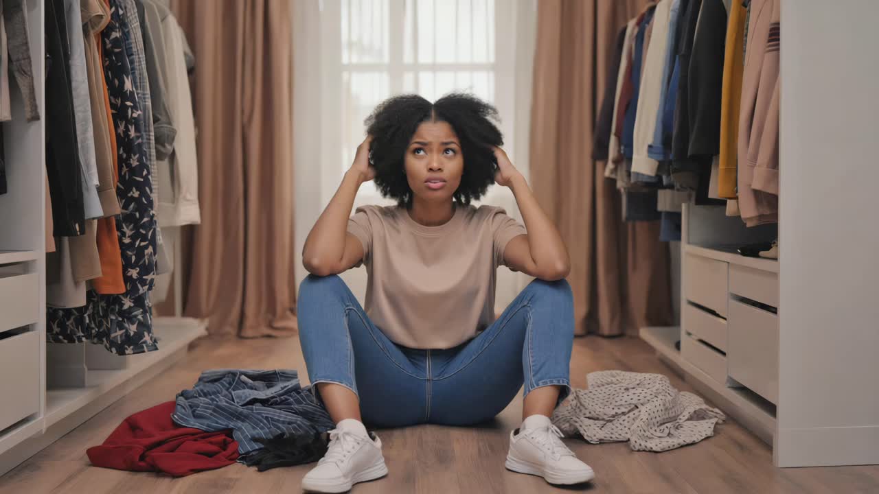 Woman sitting in closet with clothes