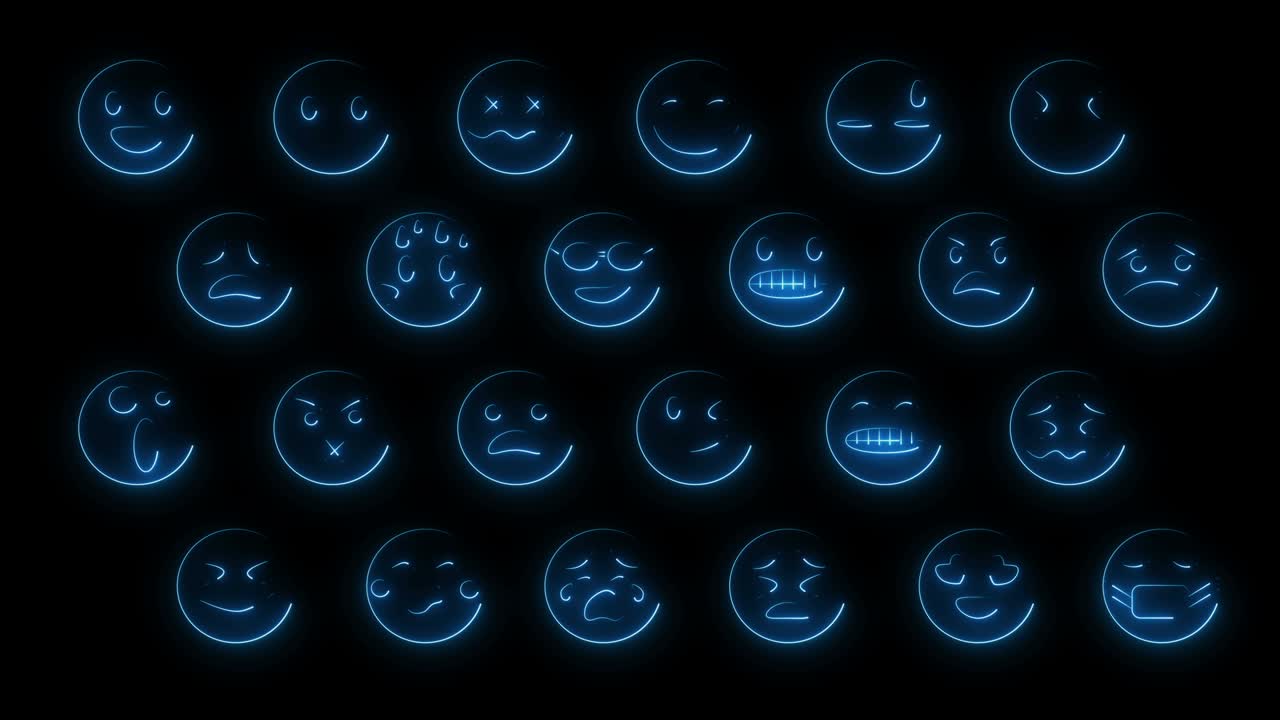 24개의 이모티콘 얼굴의 동적 반임 효과 세트, 네온 감정 표시, 루프