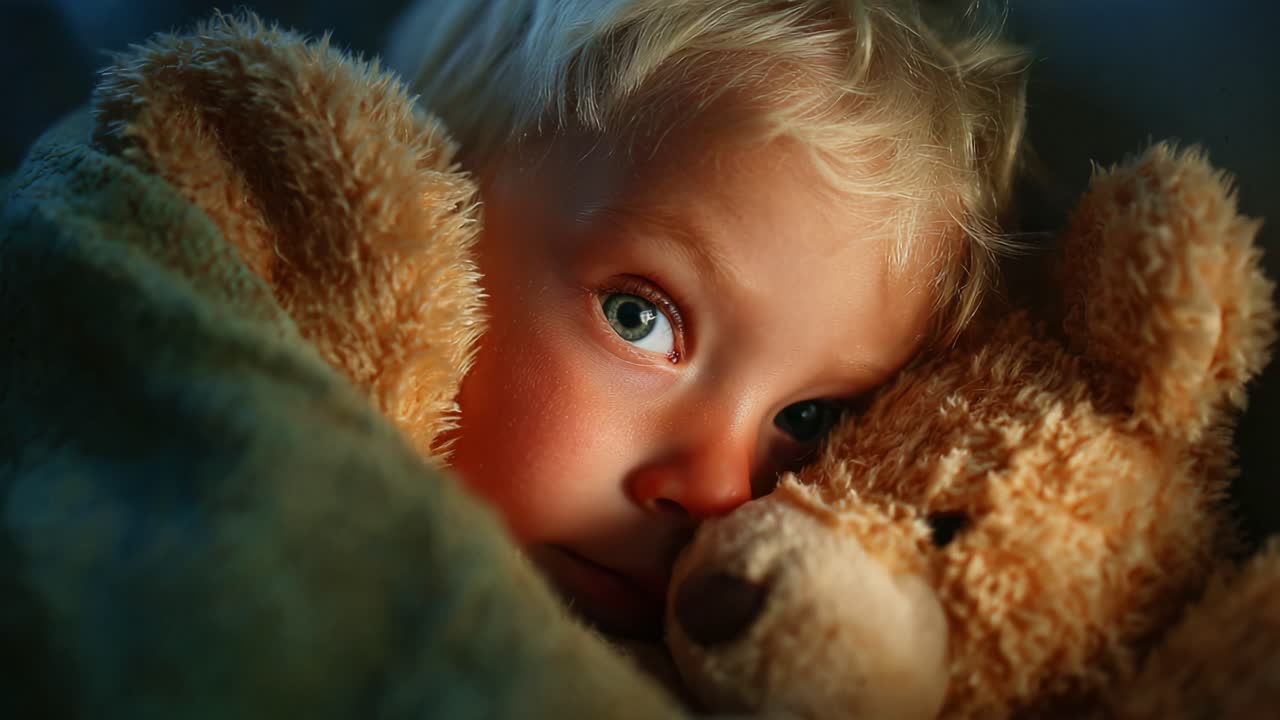 A Cozy Moment of Innocence: A Young Child Snuggles with a Teddy Bear, Wrapped in a Soft Blanket, Capturing the Essence of Comfort and Safety in a Tender Scene