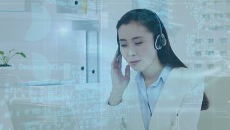 animation of data processing over asian businesswoman using phone headset