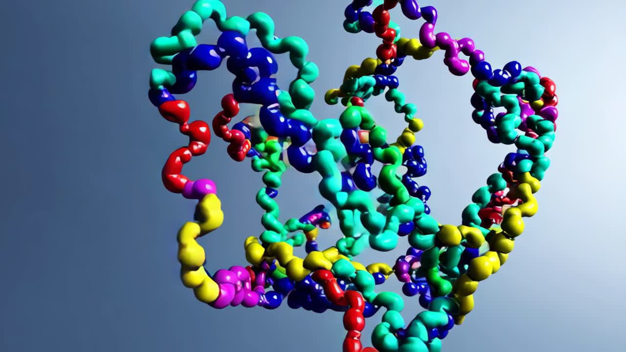 Colorful 3D molecular structure against a gradient background, captured from a low-angle