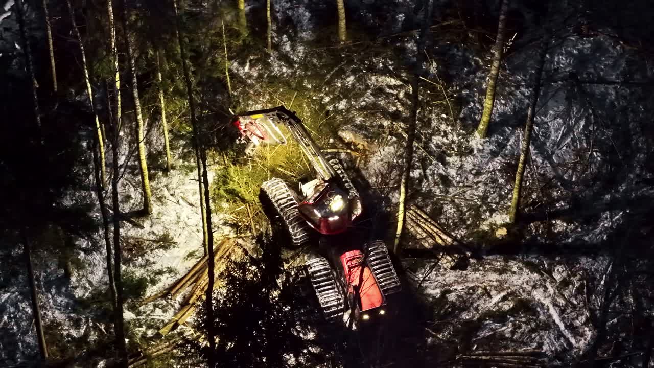 Ripresa aerea zenitale di macchinari per la raccolta del legname che tagliano e accatastano tronchi in una foresta invernale di notte.