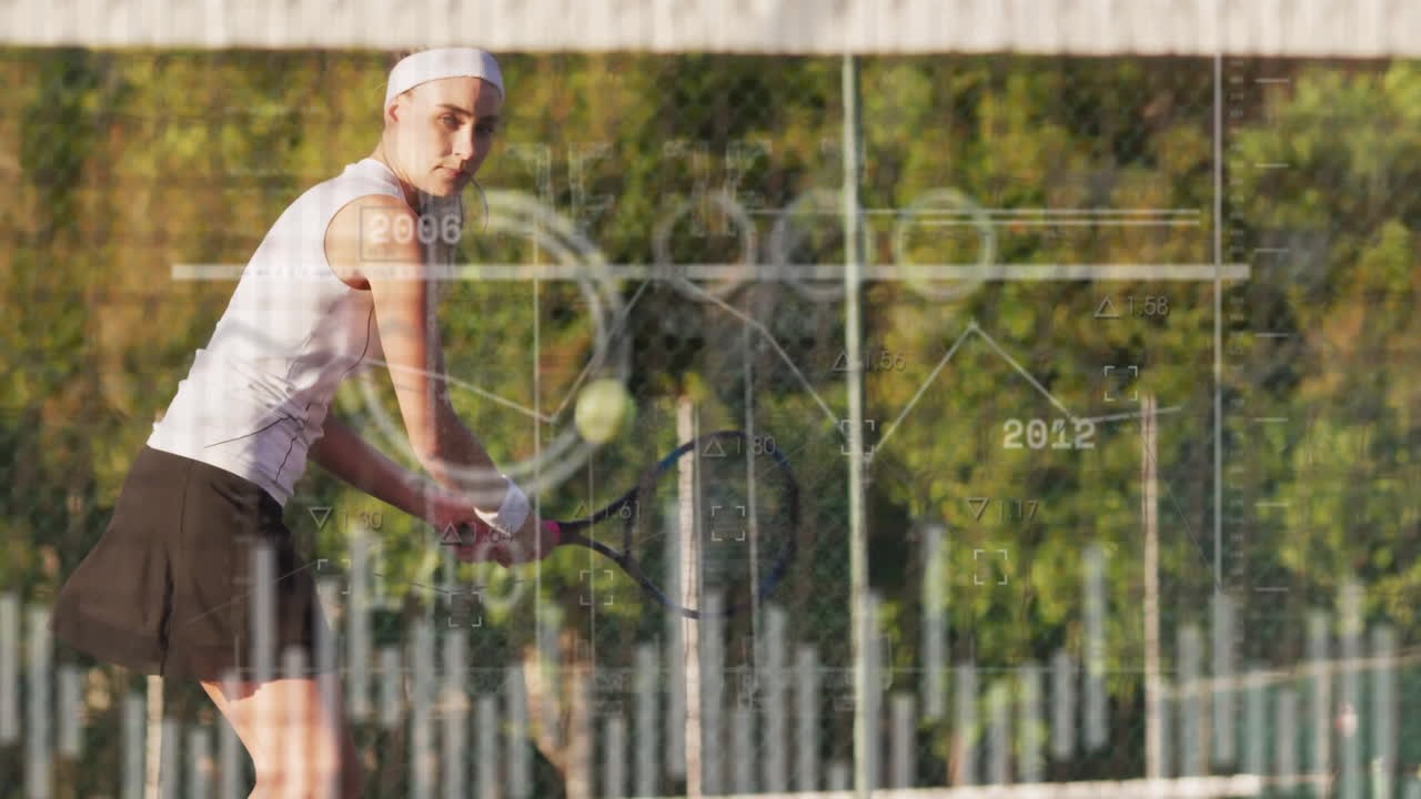 female tennis player swinging backhand on outdoor court, showing sports data charts and stats