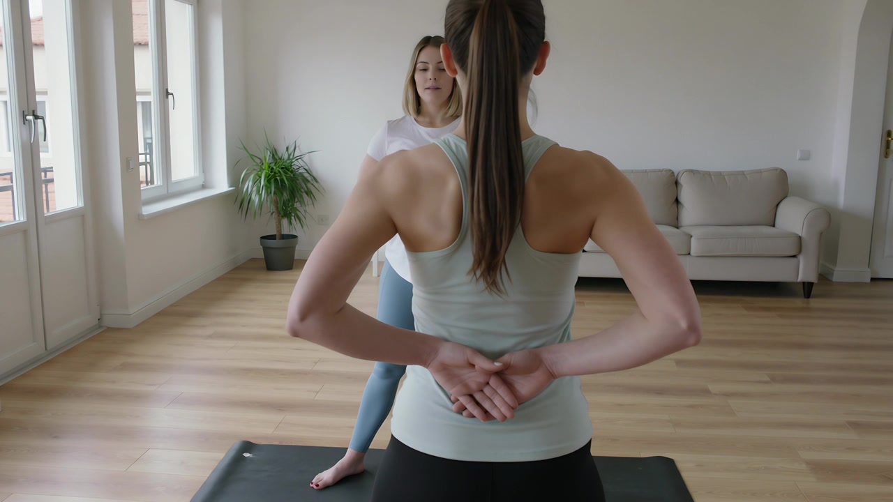 Donna in top e leggings che si sistema, correggendo la postura dopo le indicazioni dell'allenatore su un tappetino nero a casa