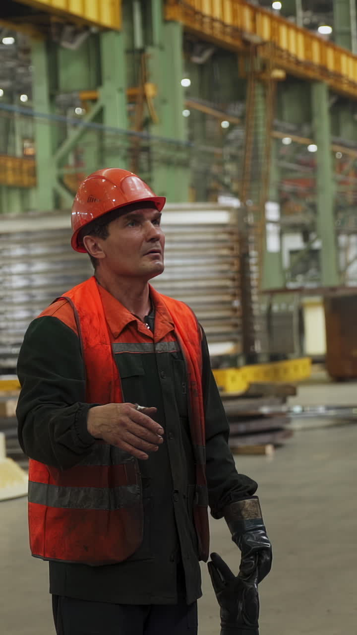 Operaio industriale con cappello e giubbotto di sicurezza in un impianto di produzione