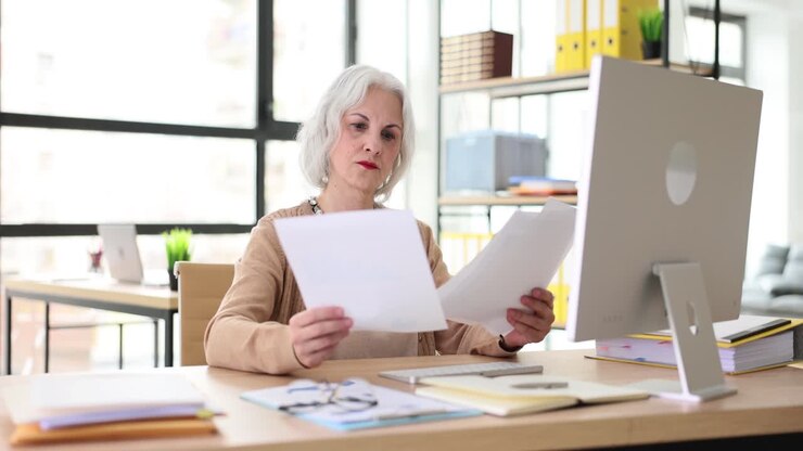 Mature Woman Reviewing Documents in a Bright Office