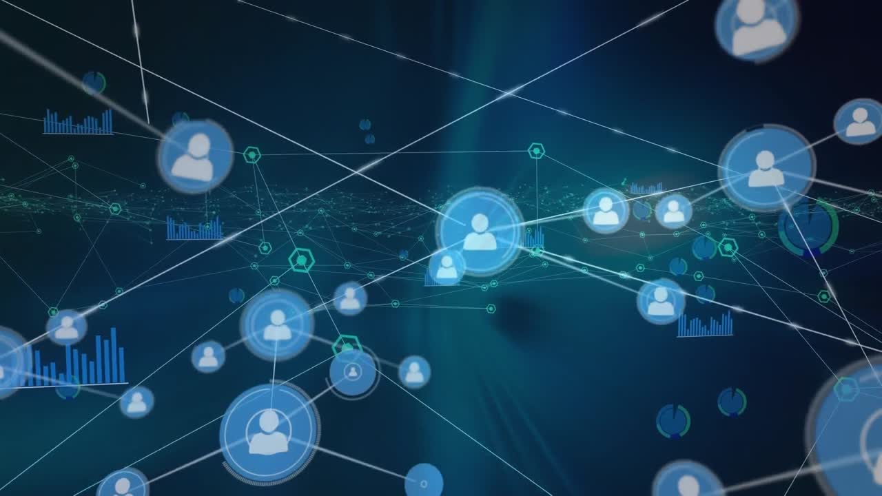 Animation of network of profile and digital icons against blue background
