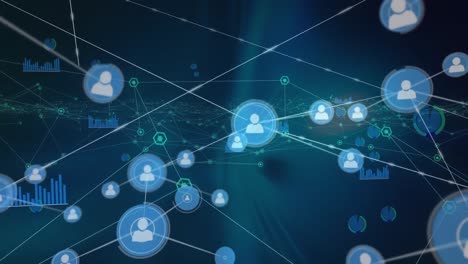 animation of network of profile and digital icons against blue background