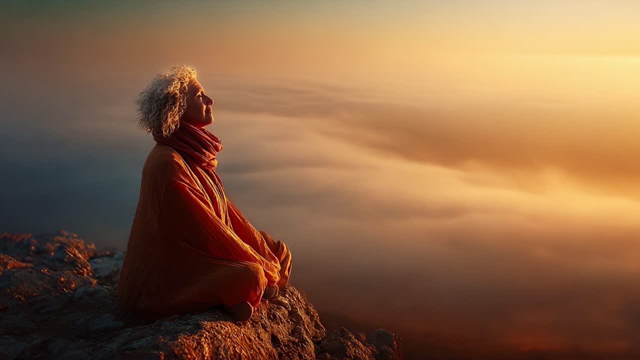 A Serene Individual Meditating at Sunrise on a Rocky Outcrop Above a Sea of Clouds, Embracing the Tranquility of Nature in the Glowing Light of Dawn