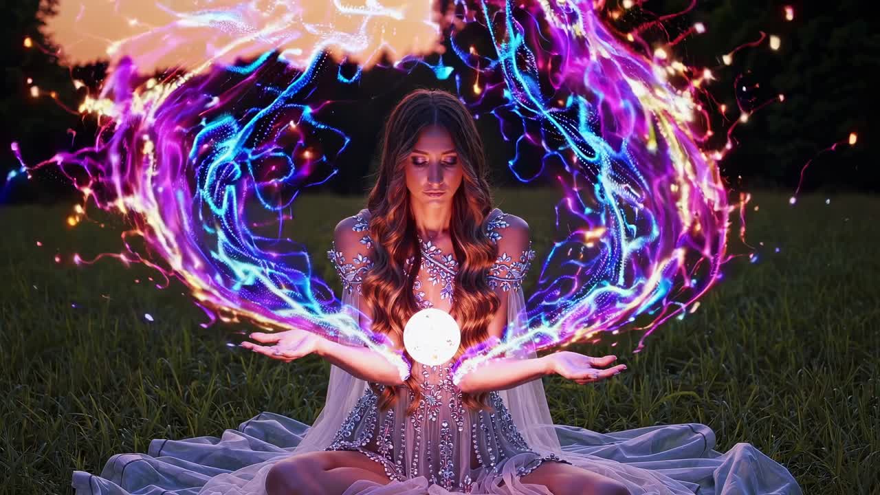Young fortune teller meditating in a field at sunset, levitating a glowing magic ball with her hands, surrounded by colorful mystical energy trails