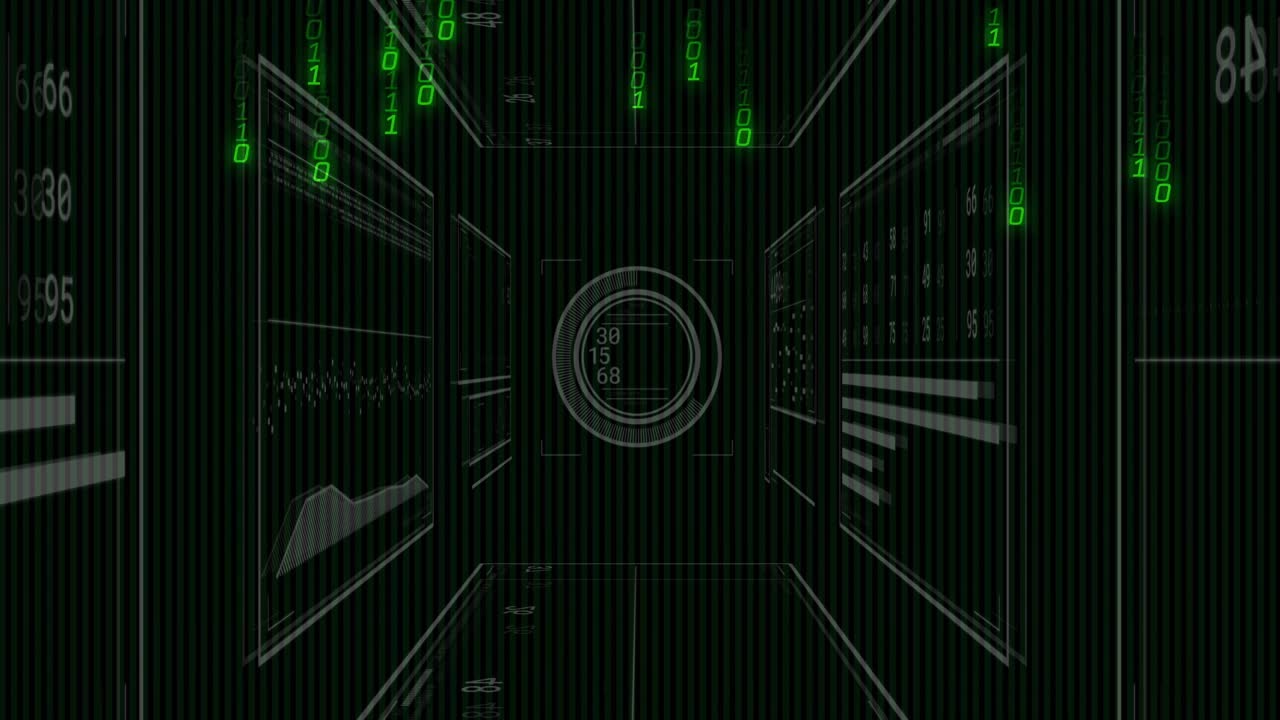 Circular HUD showing numeric data with floating panels and cascading binary code in green 3D render