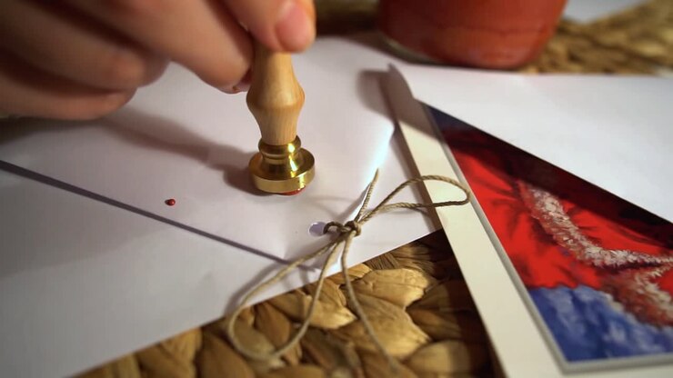 Placing a wax stamp on a Christmas card envelope seal
