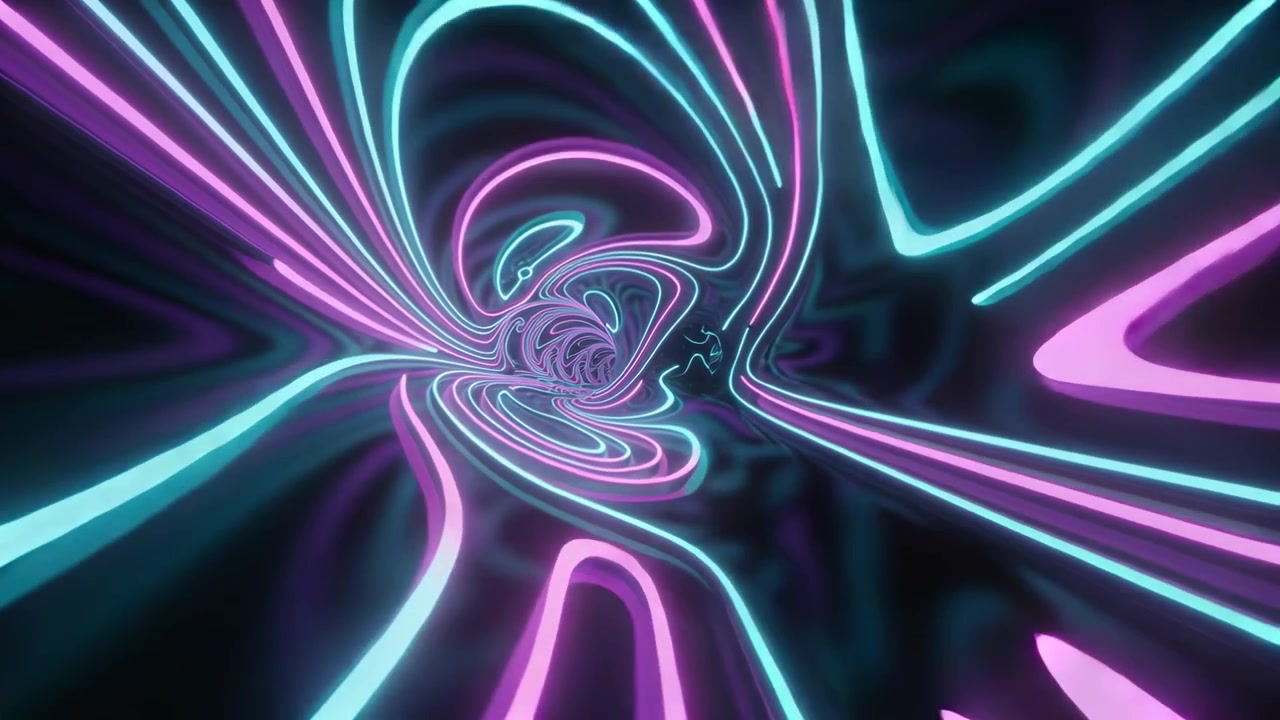Nastri ciano e magenta che si attorcigliano formando un tunnel luminoso nel vuoto, la telecamera si muove verso il nucleo a spirale