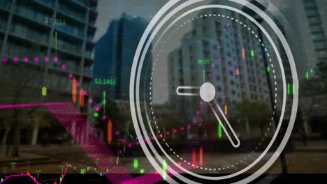 animation of ticking clock over financial data processing against view of tall buildings