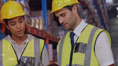 animación del procesamiento de datos sobre diversos trabajadores en el almacén