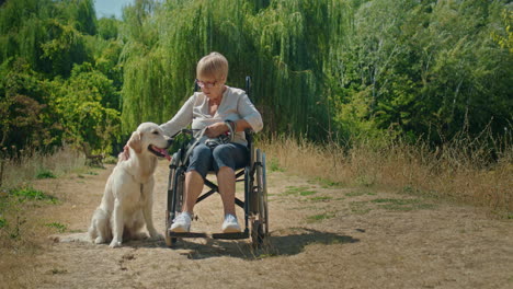 senior woman in wheelchair with dog in park