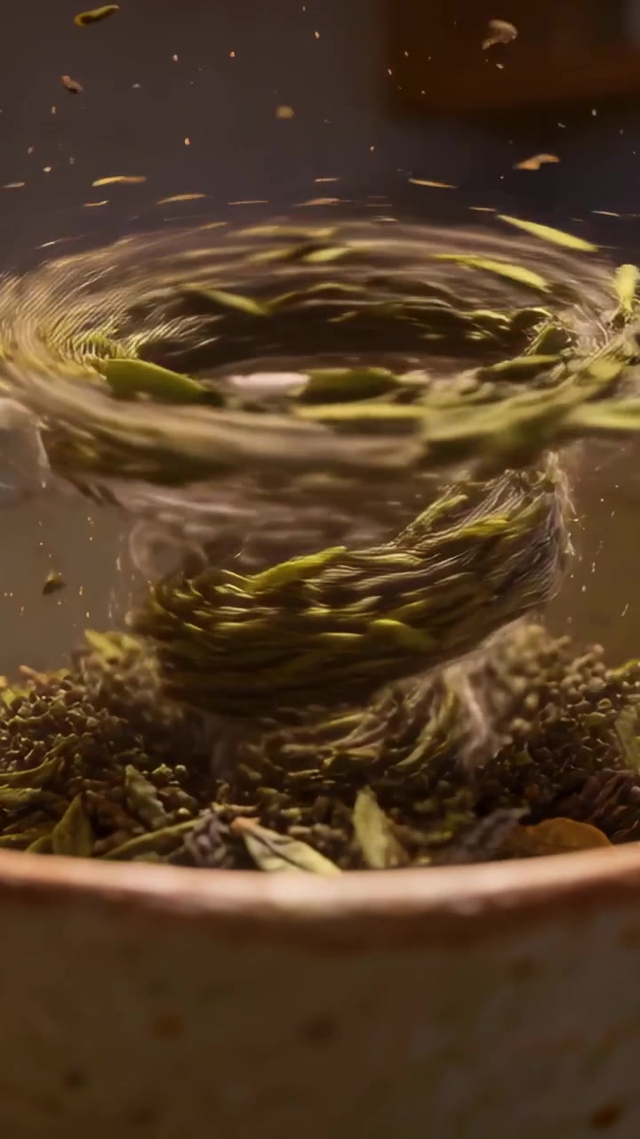 Dikey video: Loş masada oluşan girdap, yaprak-su girdabının çay yapraklarını seramik kaseye kaldırması