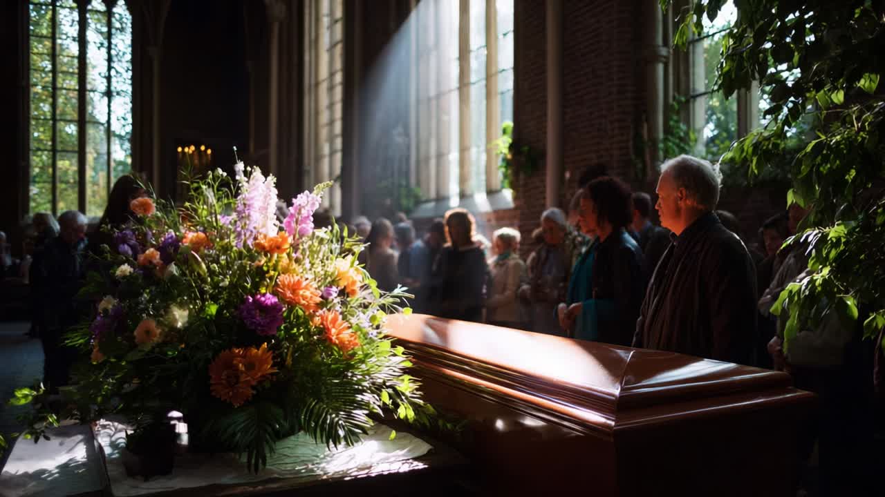 Un triste incontro: familiari e amici si riuniscono in uno spazio ben illuminato e circondato da fiori per commemorare e ricordare un caro estinto nella bara