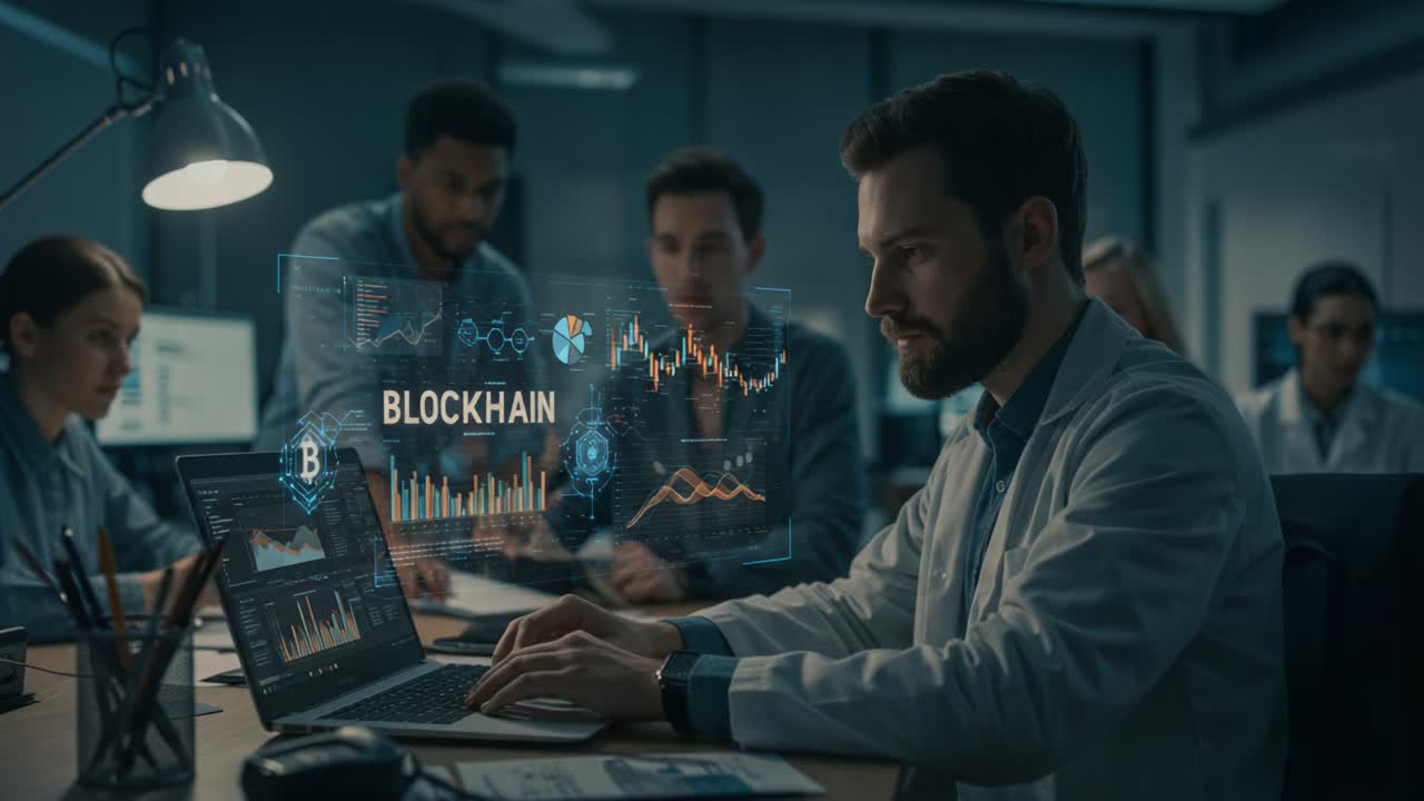 Professional Team Analyzing Blockchain Data and Trends in a Modern Office Setting, Focusing on Innovations and Insights in Technology and Finance