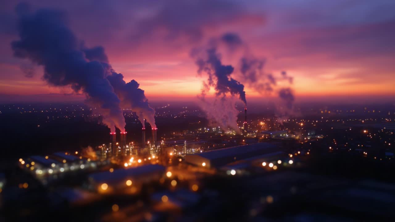 Vista aerea di un paesaggio industriale al tramonto con emissioni di fumo dalle ciminiere su uno sfondo di cielo vivido, che evidenzia inquinamento e crescita urbana.