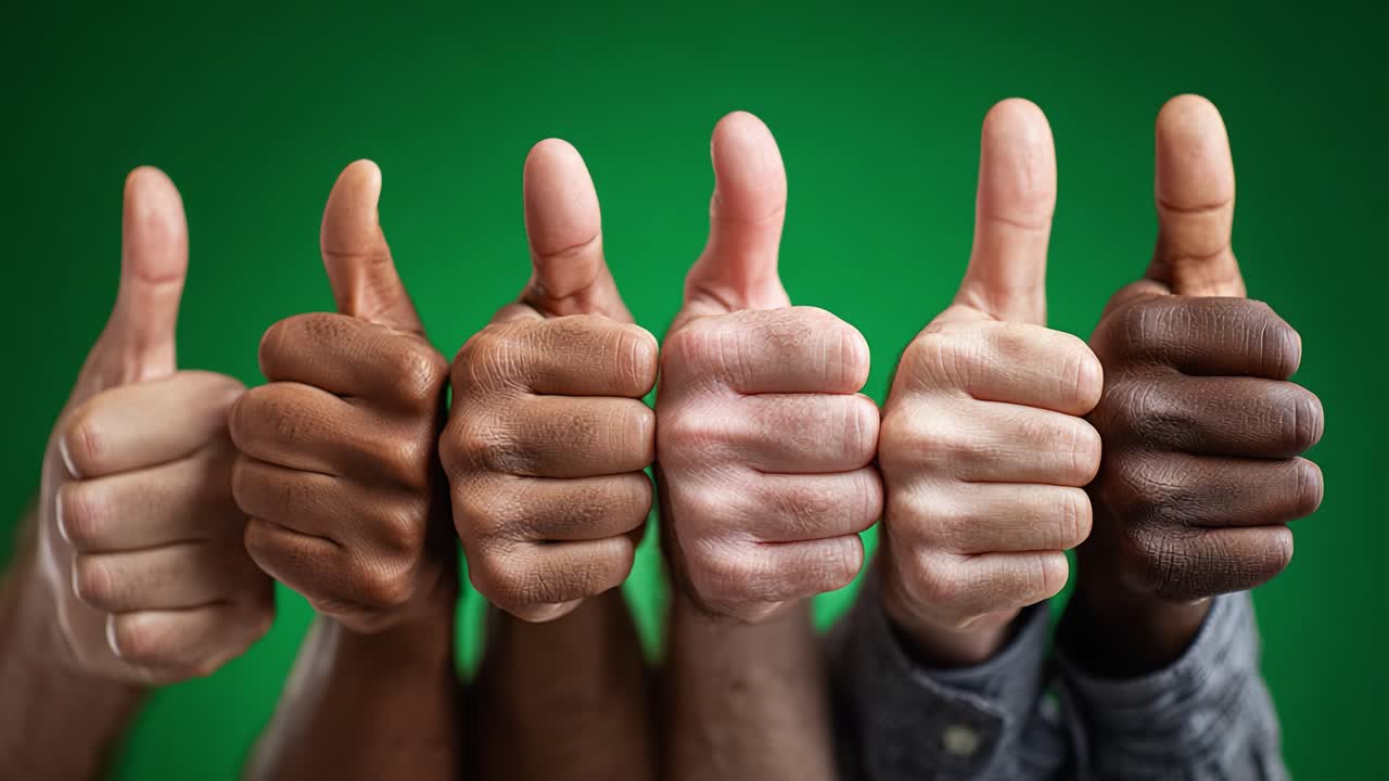 Un gesto unito di approvazione: mani multiculturali con il pollice in su su sfondo verde, che simboleggiano unità, positività e diversità nella comunicazione