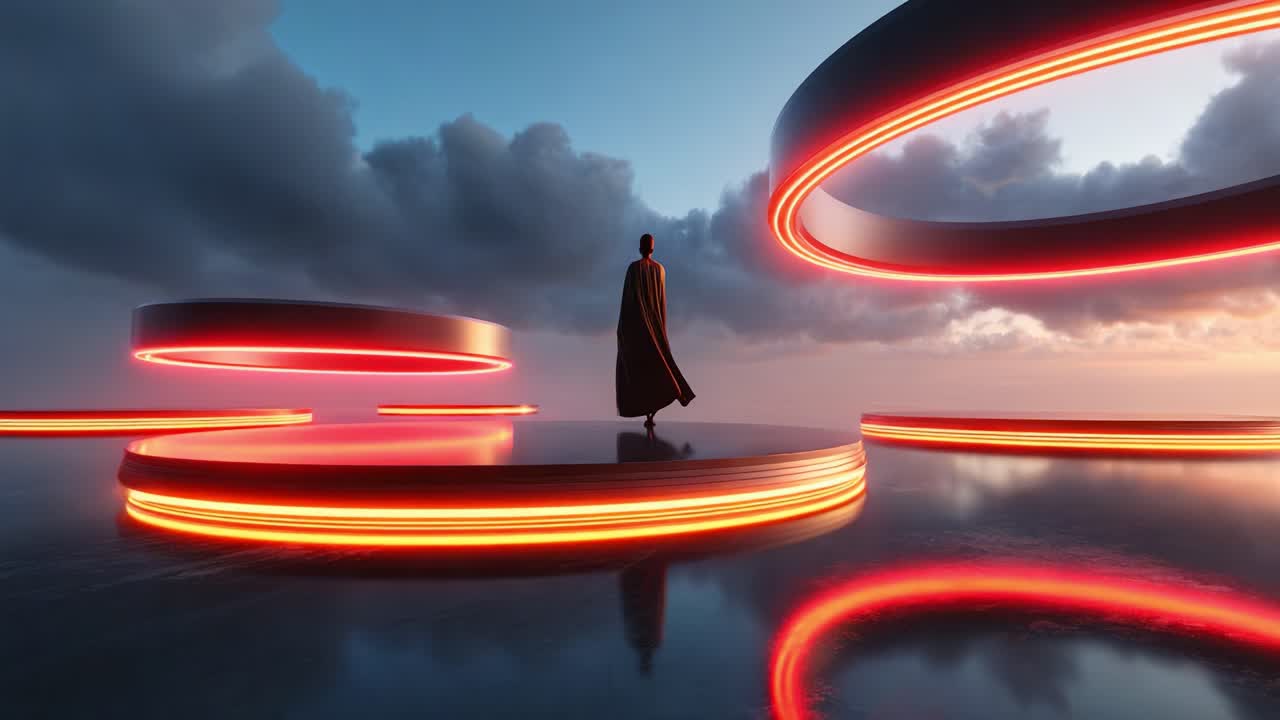 A mysterious figure stands on a reflective platform within a dreamlike landscape, surrounded by glowing rings of light, evoking a sense of wonder and exploration as the sun sets in the background