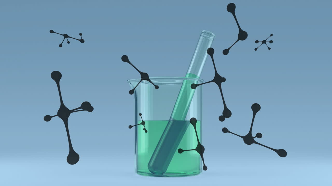 실험실 시험관과 컵 위로 이동하는 분자의 애니메이션