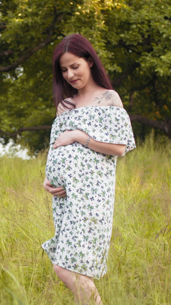 Pregnant woman in summer field vertical video