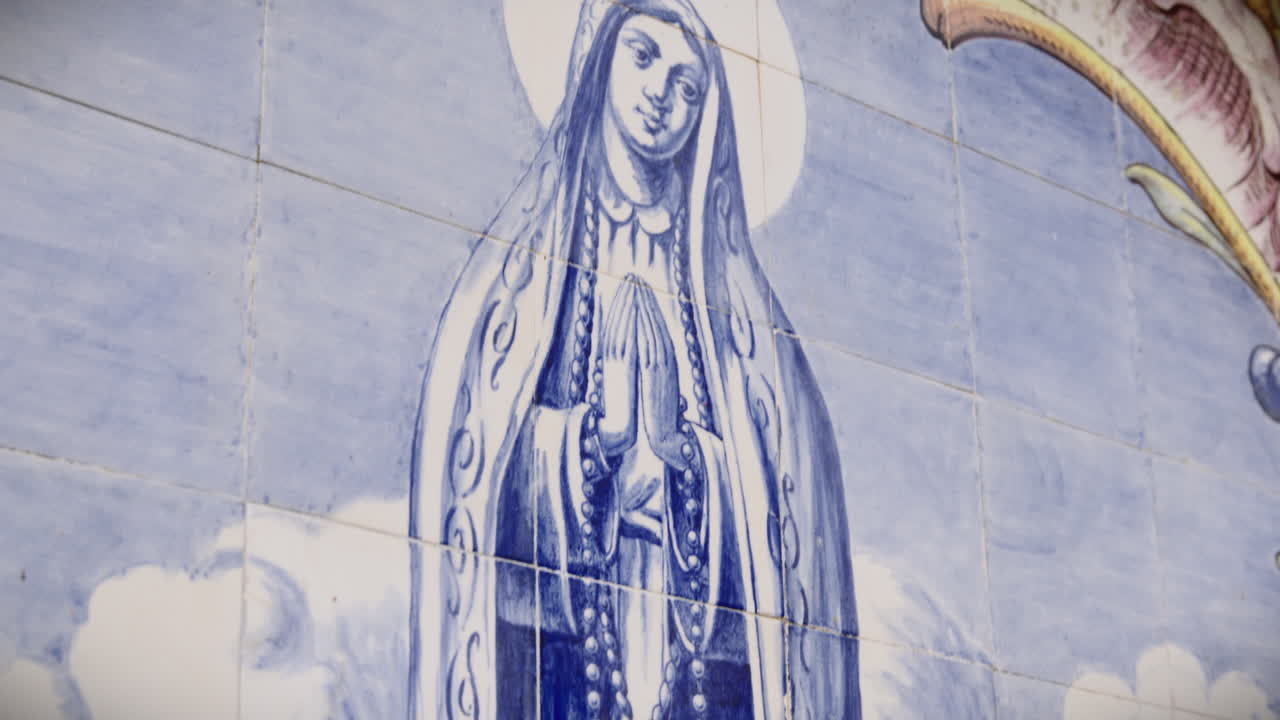 our lady of fatima azulejo close up slow motion shot