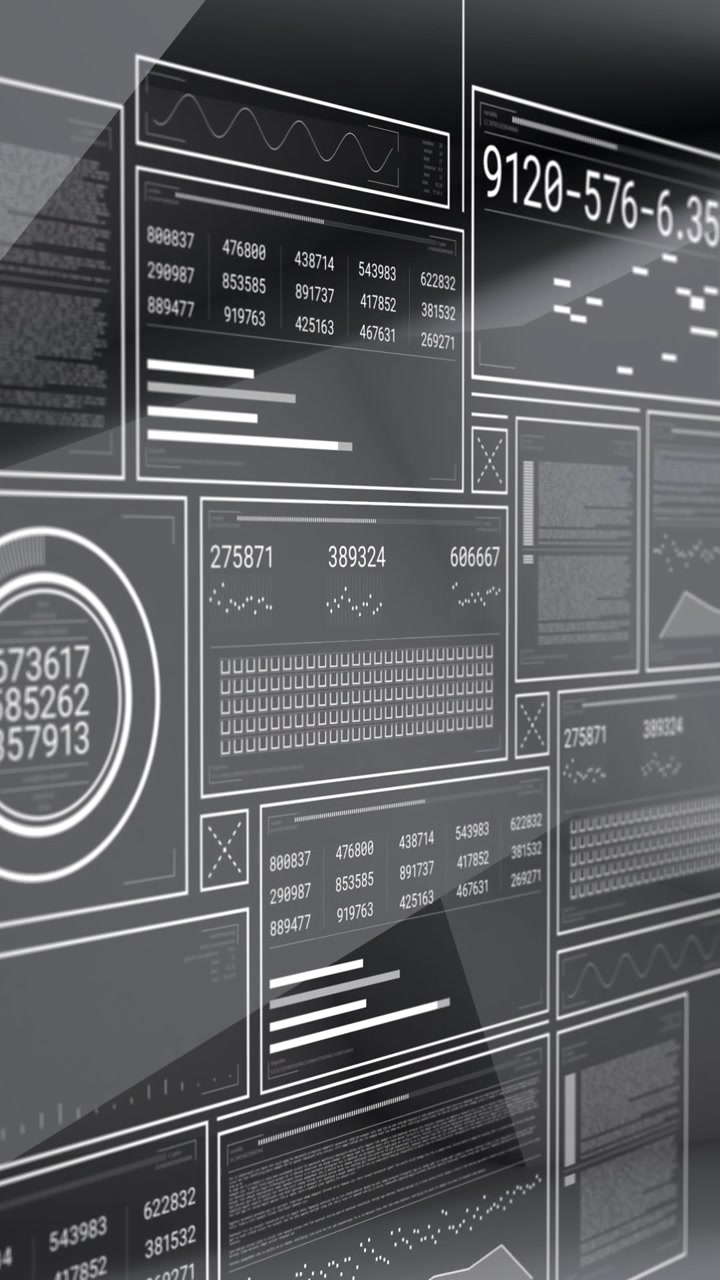 Animation of data processing over screens on grey background