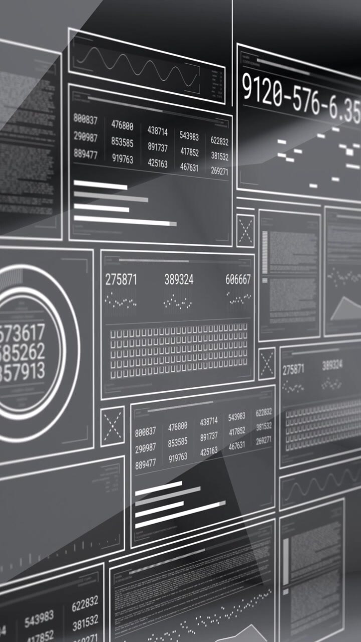 Animation of data processing over screens on grey background