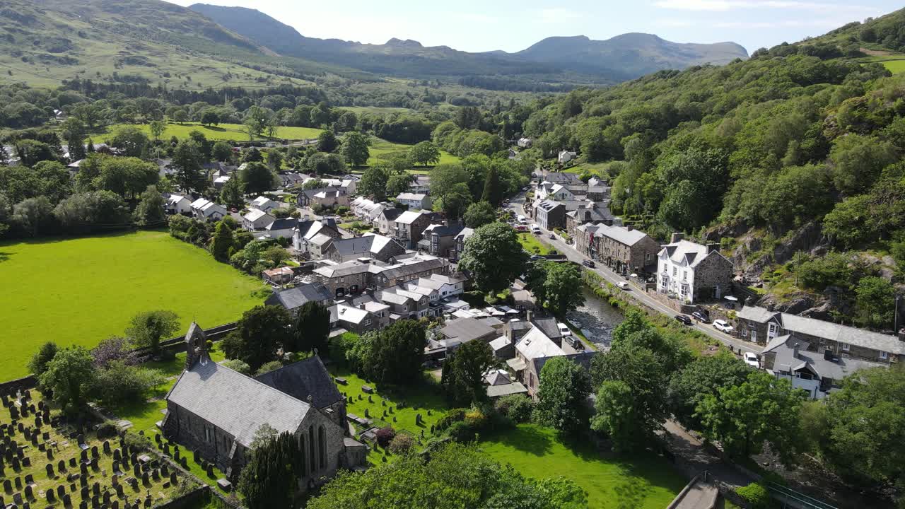 Beddgelert village in Snowdonia Wales UK Aerial footage point of view