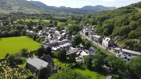 beddgelert village in snowdonia wales uk aerial footage point of view