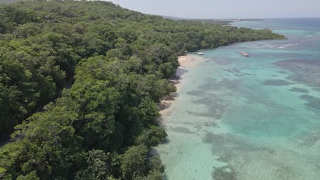 Pristine-Caribbean-landscape-of-Dunns-River-Falls-and-Beach-Jamaica,-aerial-view