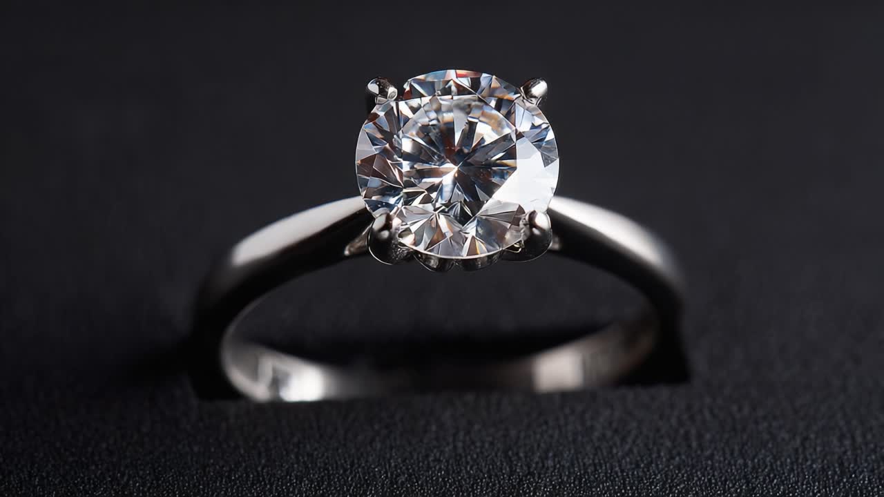 Un primo piano mozzafiato di un brillante anello di diamante, che ne mostra la scintillante purezza e l'eleganza su uno sfondo scuro, perfetto per evidenziarne la bellezza senza tempo.