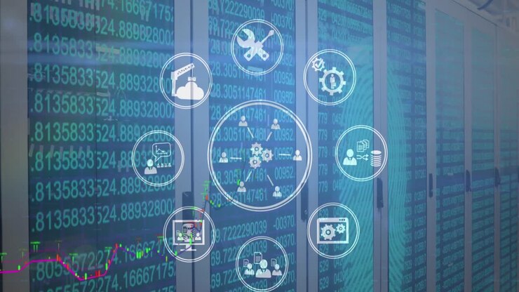 Animation af ikoner og databehandling over computerservere.