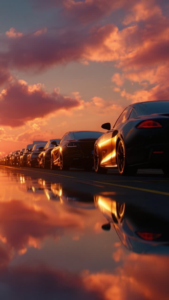 Una impresionante fila de coches pulidos refleja el vibrante cielo del atardecer, creando una escena asombrosa de belleza automotriz y el arte de la naturaleza en armonía.
