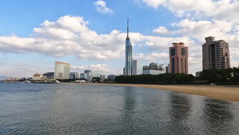 View-over-the-seaside-in-front-of-fukuoka-tower-on-a-beautiful-afternoon,-Fukuoka-Japan