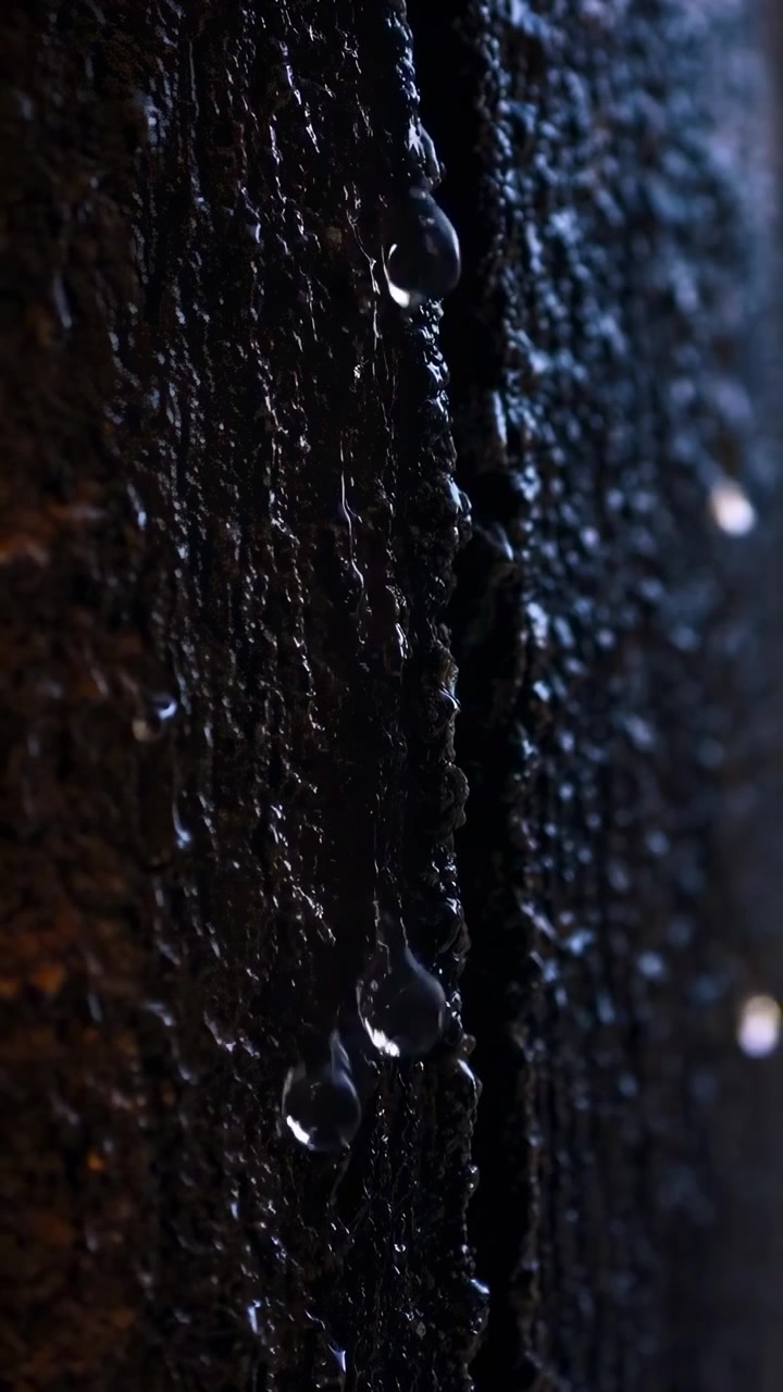 Water Droplets Trickling Down a Dark Textured Surface