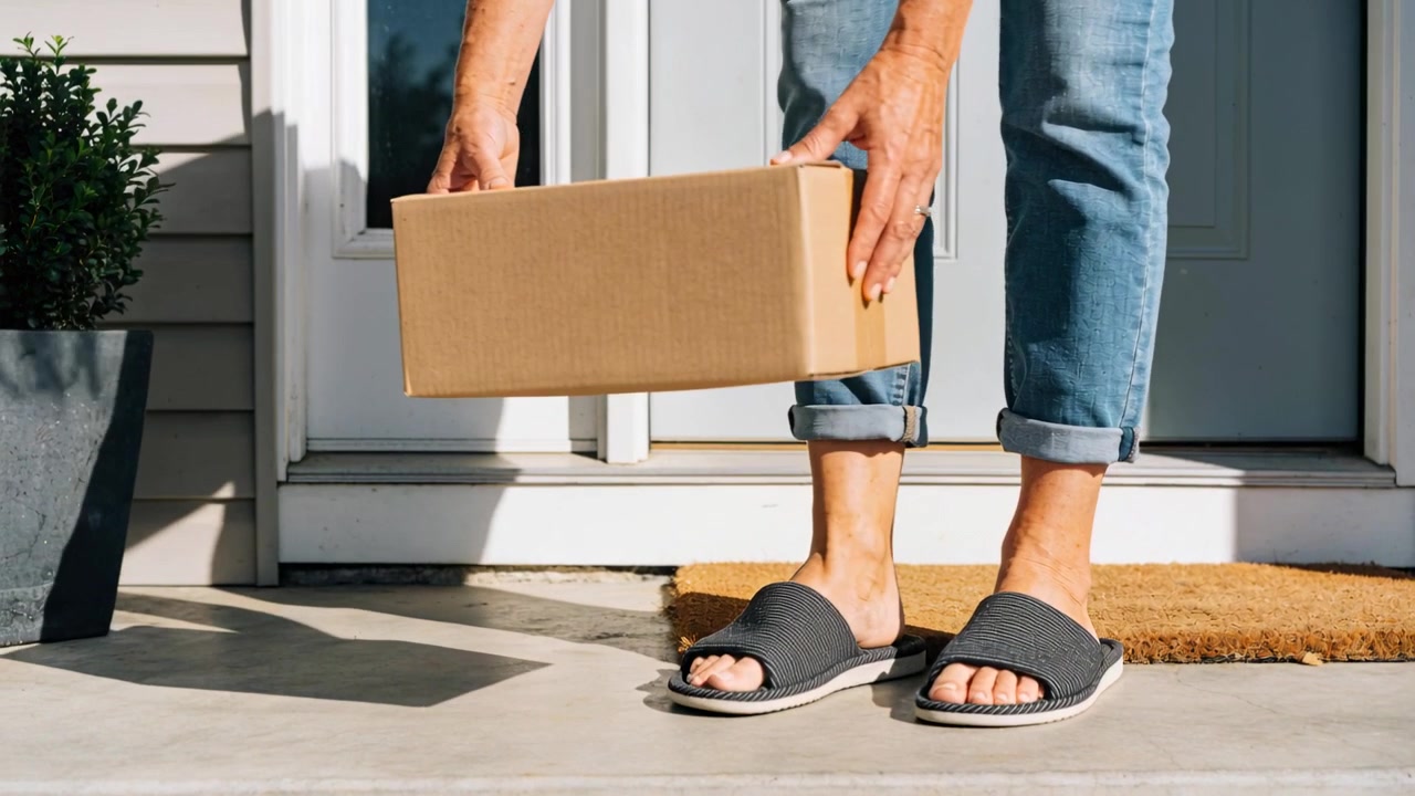 Retrieving delivered box, person in rolled-jeans and sandals carrying it to bring inside on doormat