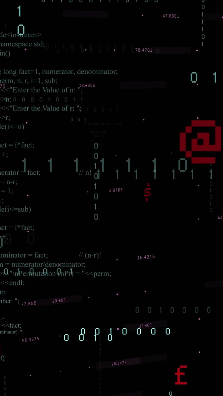 Vertical video: Binary pulse starting streams shifting, stacking code into right column for insight