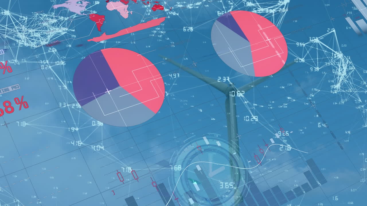 Animation of ticking clock and statistical data processing over spinning windmill against blue sky