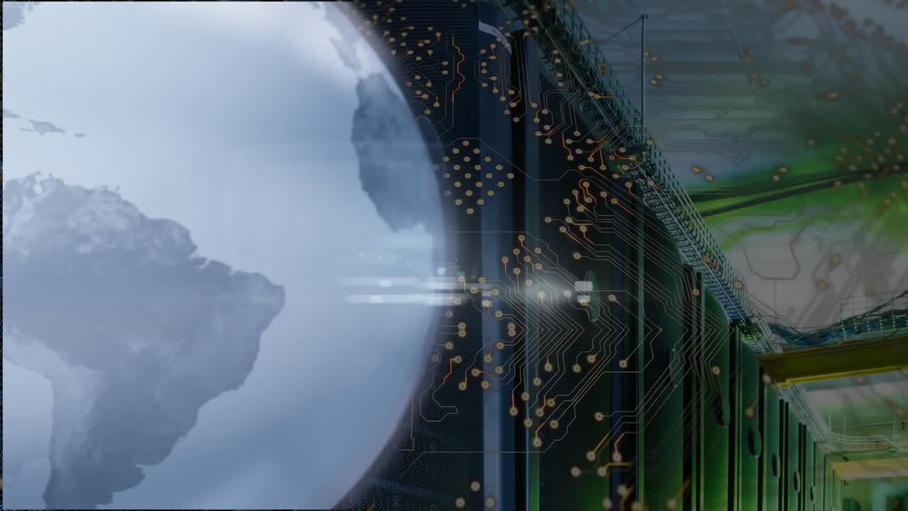 Animation of digital data processing and globe over computer servers