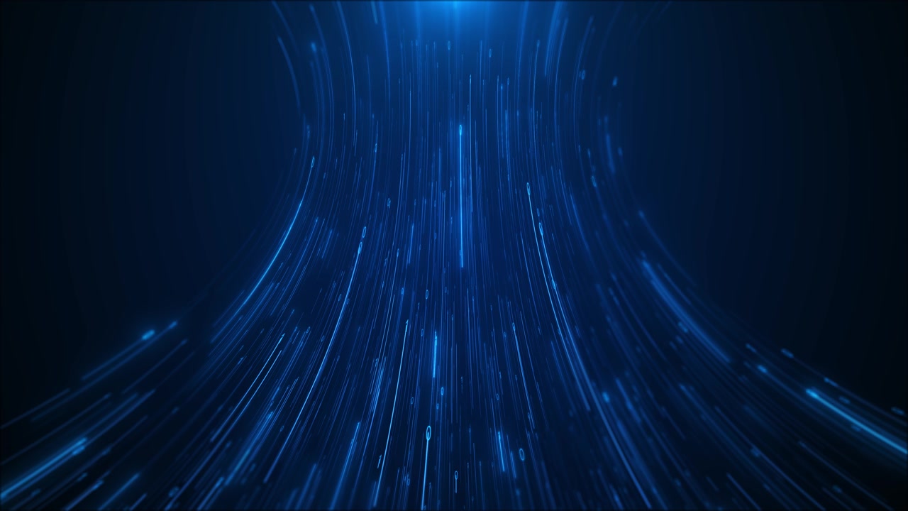 Blue digital light tunnel with falling streaks curved motion lines and dark futuristic depth perfect