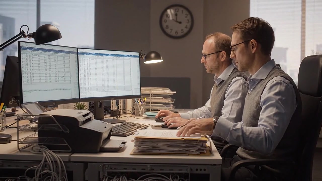 To kontoransatte samarbeider ved datamaskiner og analyserer data med diagrammer og dokumenter i et moderne arbeidsområde, noe som viser produktivitet og teamarbeid