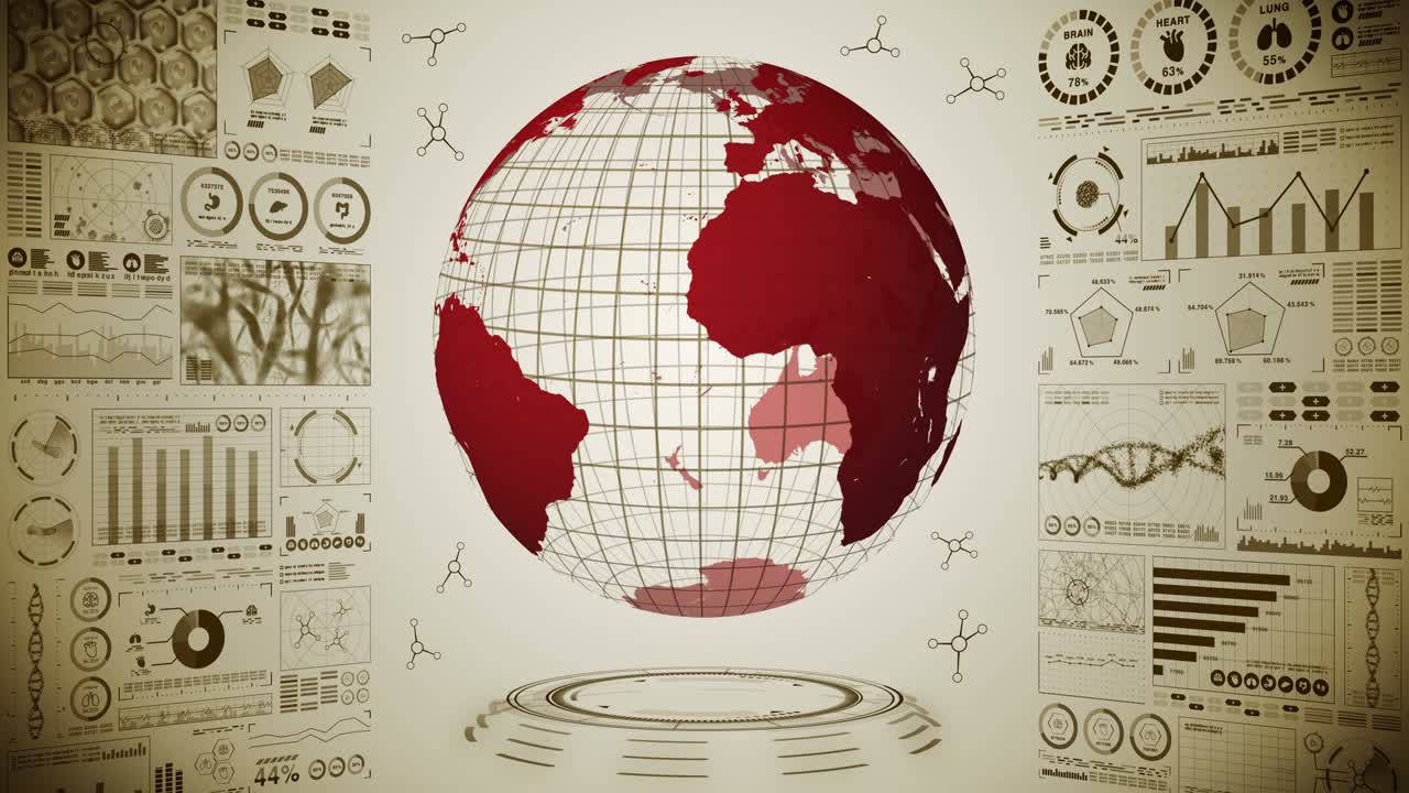 pandemia de infección. tierra global con puntos rojos de infección. holograma médico elementos de datos digitales gráfico. control infeccioso. vírus de curación. animación en bucle.